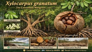Xylocarpus granatum belongs to the family Meliaceae and is widely distributed across tropical coastal regions, including South Asia, Southeast Asia, East Africa, and the Pacific Islands. It thrives in mangrove forests, particularly in areas with soft, muddy substrates and tidal influence. The species is easily recognized by its distinctive large, spherical fruits, which resemble cannonballs—hence its common name.