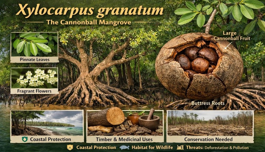 Xylocarpus granatum belongs to the family Meliaceae and is widely distributed across tropical coastal regions, including South Asia, Southeast Asia, East Africa, and the Pacific Islands. It thrives in mangrove forests, particularly in areas with soft, muddy substrates and tidal influence. The species is easily recognized by its distinctive large, spherical fruits, which resemble cannonballs—hence its common name.
