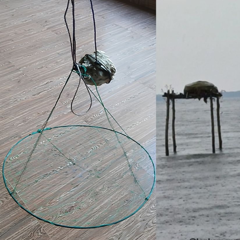 Left: teal circular fish trap with ropes resting on a wooden floor; right: simple stilt hut above calm water.