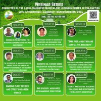 Poster for a Mangrove Conservation Webinar Series with dates July 10–20, 2026 and speaker topics.