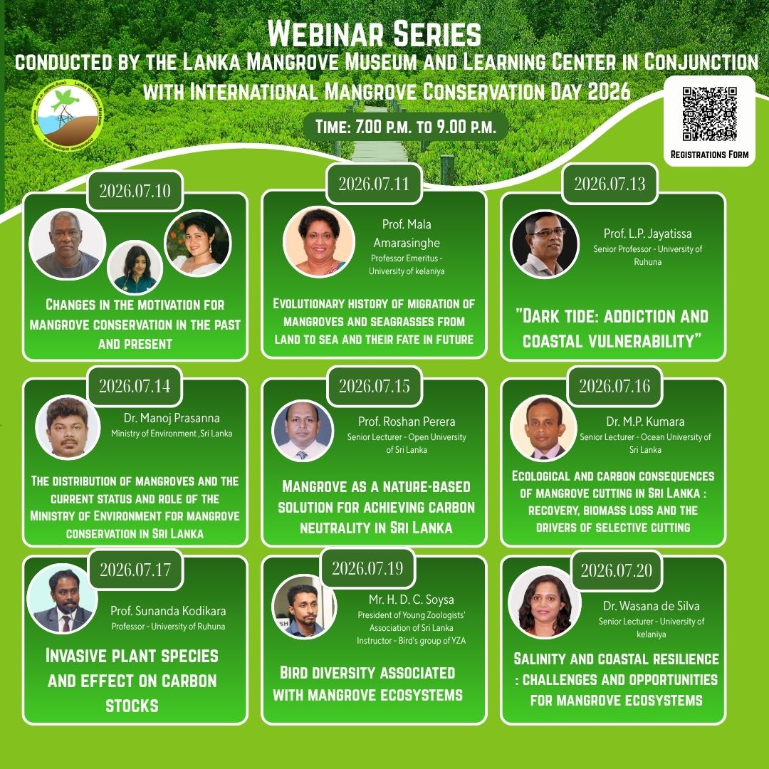 Poster for a Mangrove Conservation Webinar Series with dates July 10–20, 2026 and speaker topics.