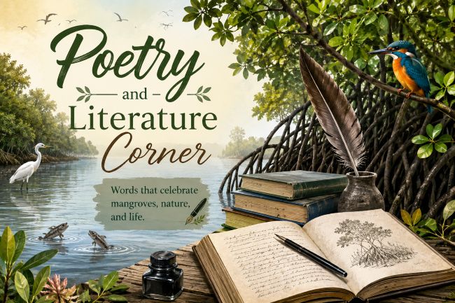 The Poetry and Literature Corner is a creative space where the beauty of mangroves is expressed through words, stories, poems, and artistic imagination. It brings together literature inspired by mangrove forests, coastal ecosystems, wildlife, and the people whose lives are connected to these unique environments. Through creativity and storytelling, this corner encourages readers to discover, appreciate, and protect the natural world around us.