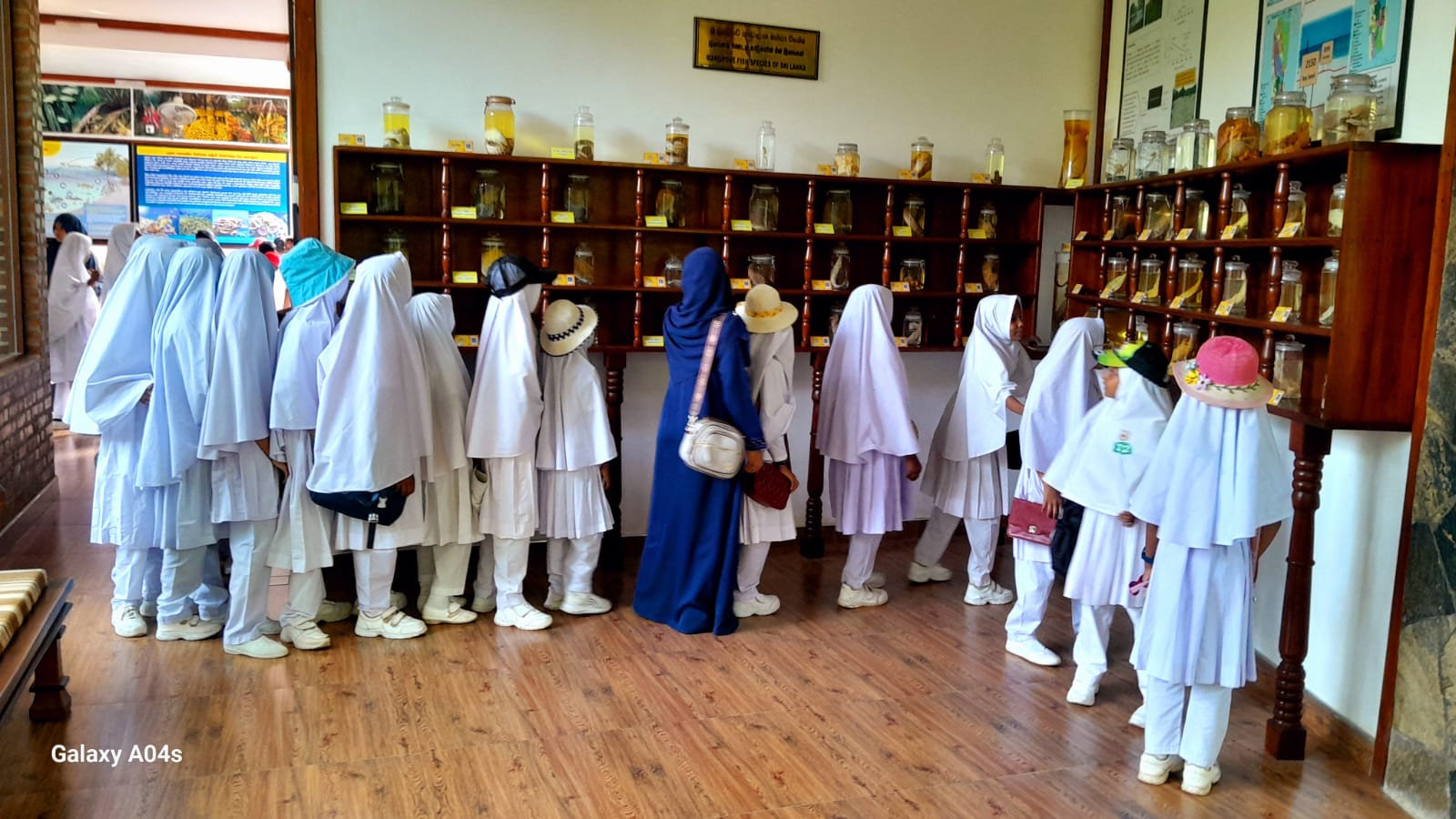 Line of schoolgirls in white uniforms and hijabs standing at a display of jars on wooden shelves; a woman in blue guides the group.